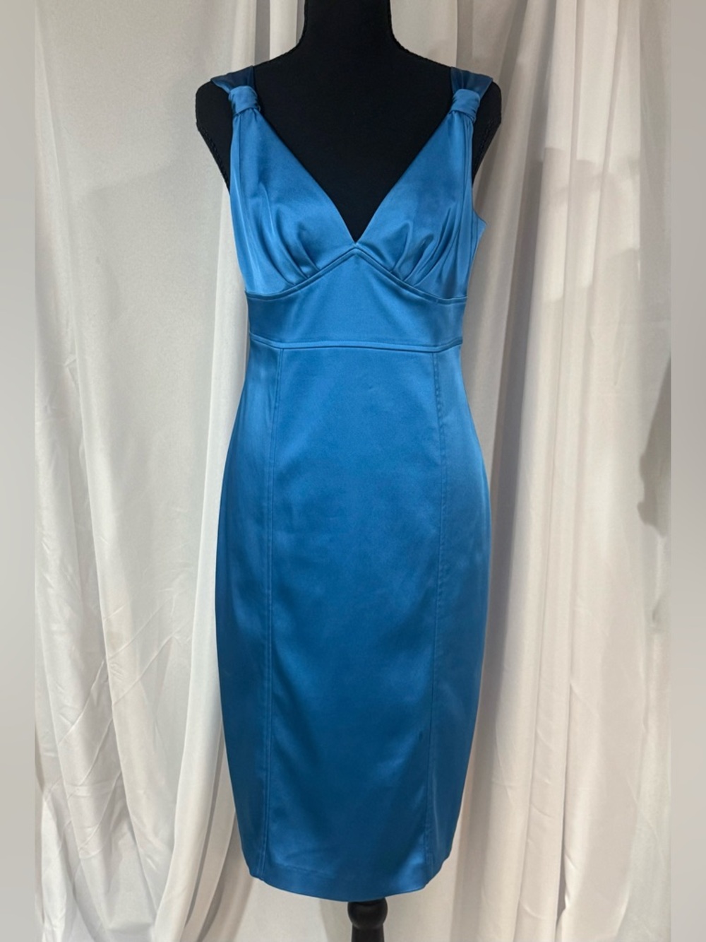 David Meister Blue Satin V-Neck Midi Dress